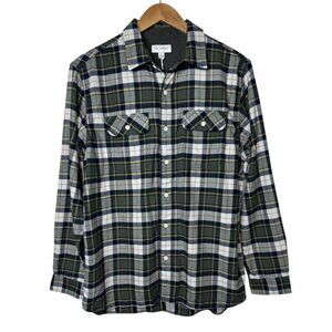 Free Assembly Mens Large Green Navy Plaid Button Front Flannel Shirt Long Sleeve